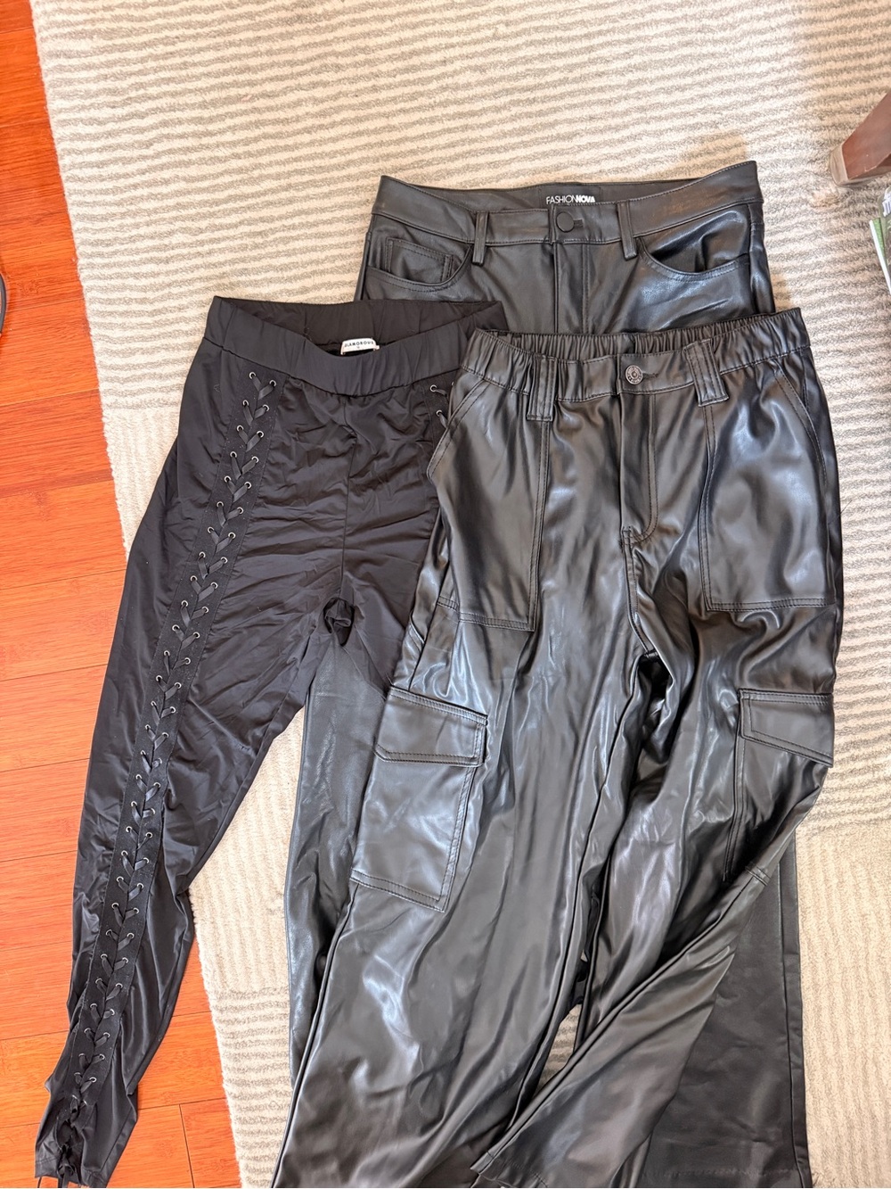 3-Piece Black Streetwear Pants Lot Faux Leather Cargos & Lace Up Leggings L